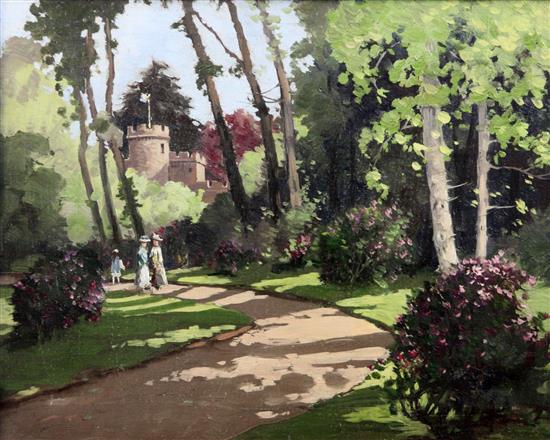 Tom Campbell (Scottish, 1865-1943) Figures in the garden of a castellated house 14 x 17.5in.